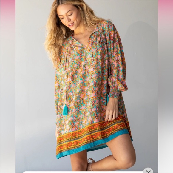 NATURAL LIFE Dresses & Skirts - Natural Life Dara V-Neck Long Sleeve Tunic Dress Tassel Turquoise Orange Medium